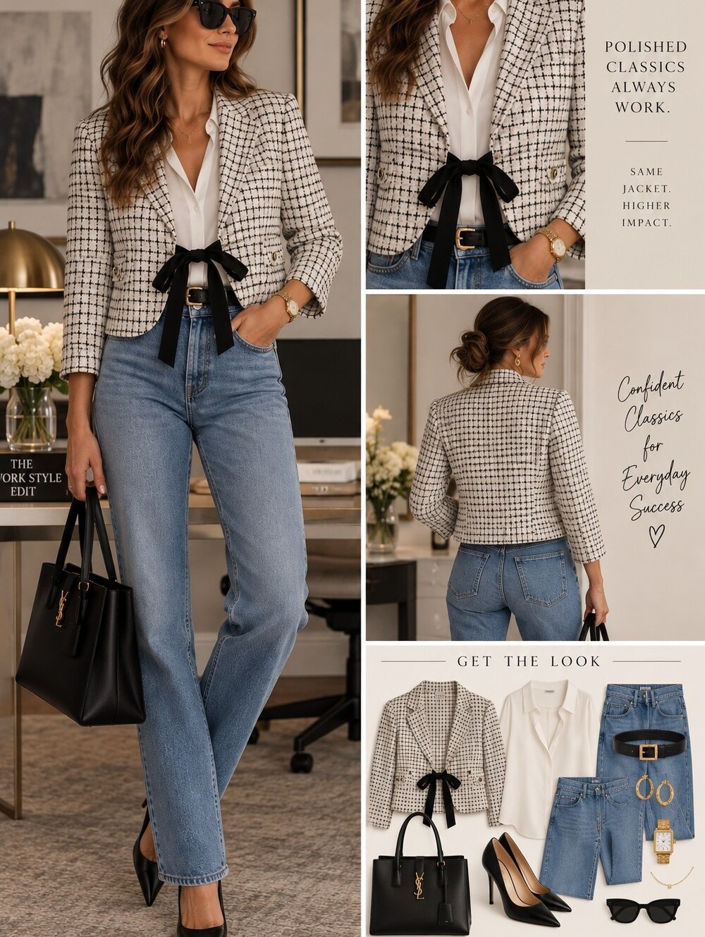 Larry Levine Black & White Check Cropped Blazer with Bow